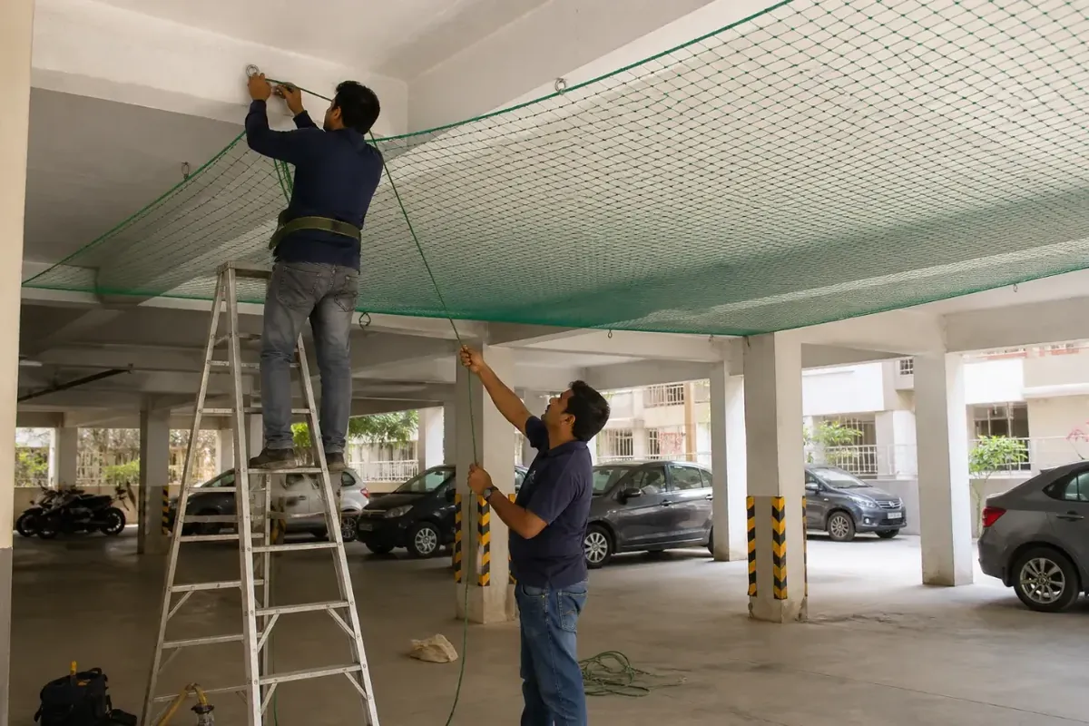Car parking safety net during installation in Hyderabad