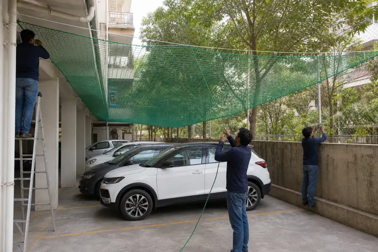 Outdoor car parking safety net installation with green HDPE net and border rope tensioning