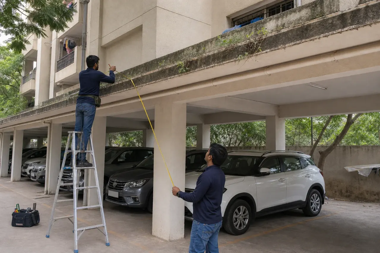 Outdoor car parking safety net site checking and fixing point marking in Hyderabad