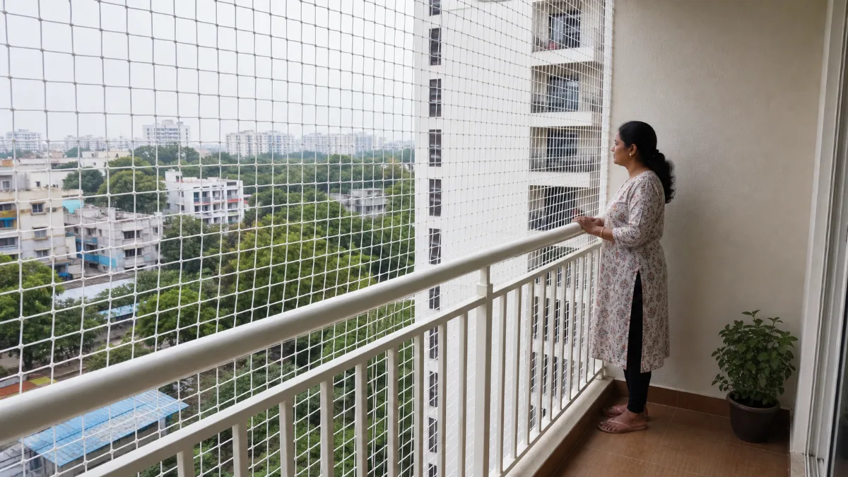 After children safety nets installation finished neatly on Hyderabad apartment balcony