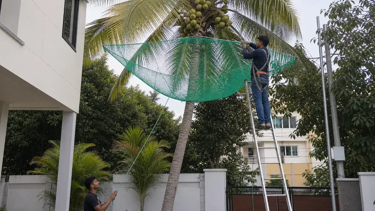 During coconut tree safety nets installation with technician fitting green net in Hyderabad