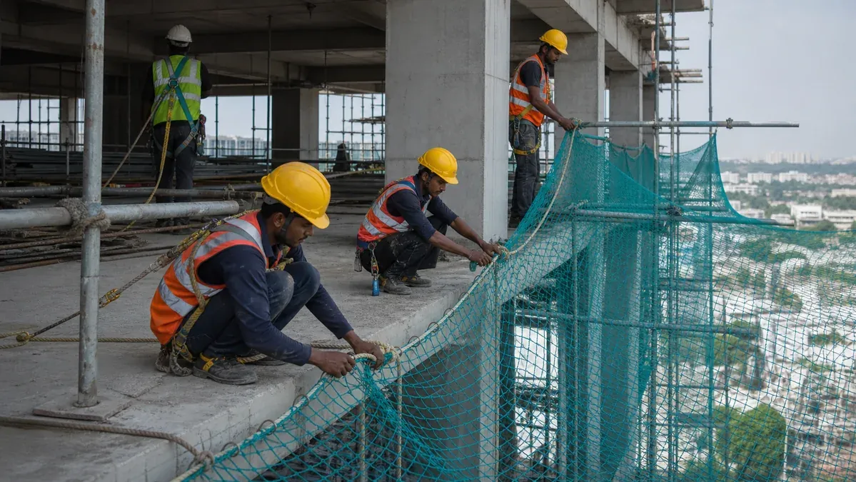 Construction safety net fixing with rope hooks and anchors in Hyderabad