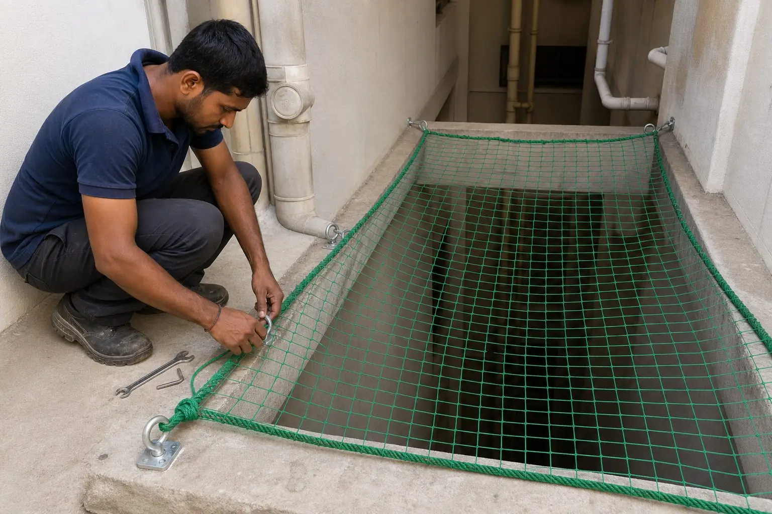 During duct area safety net installation with technician fixing hooks and rope in Hyderabad