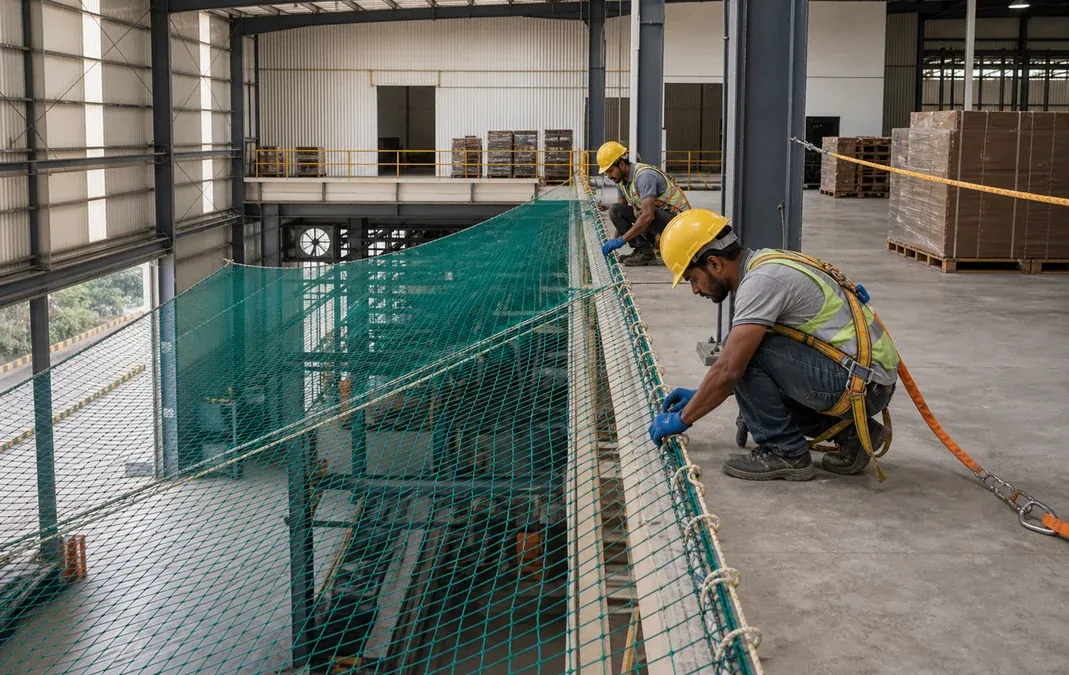 Industrial safety net fixing with rope hooks and anchors in Hyderabad