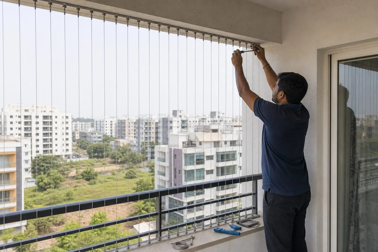 During invisible grill installation showing cable and bracket work in Hyderabad