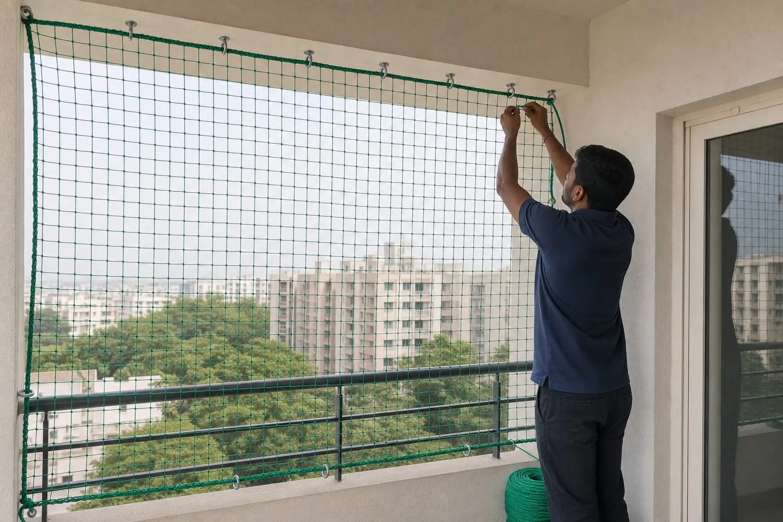During monkey safety net installation with technician fixing green net in Hyderabad