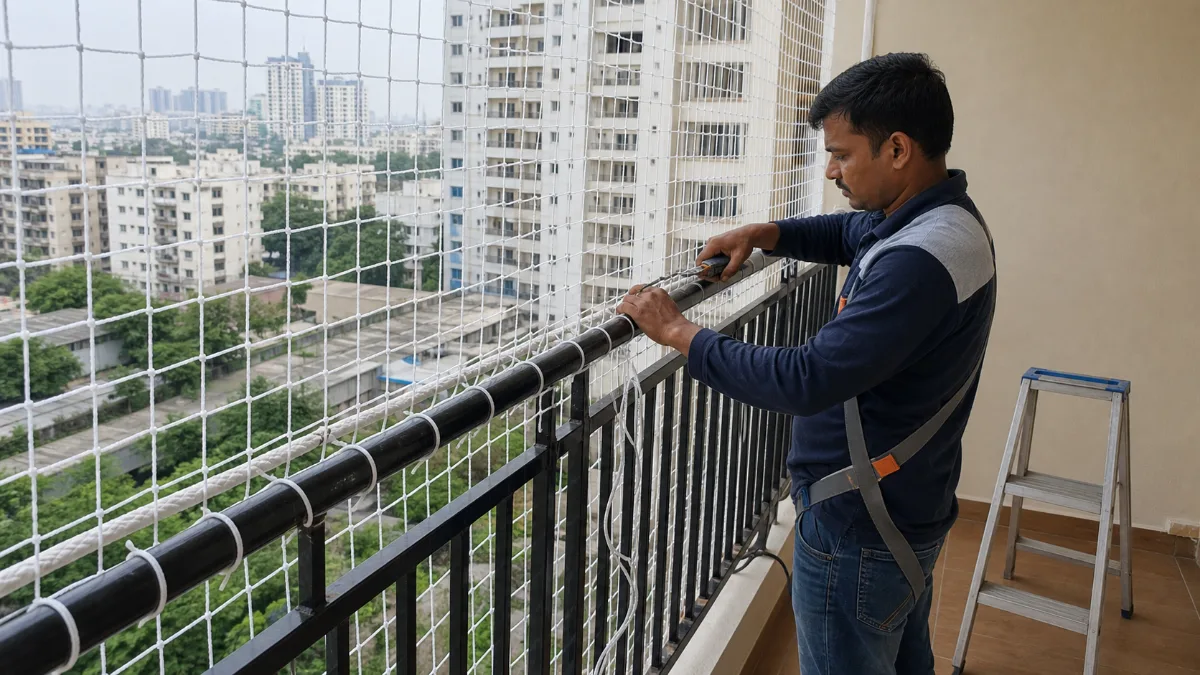 Safety net fixing and rope tensioning during staircase net installation in Hyderabad