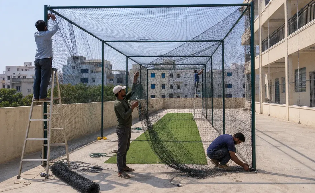 Terrace cricket practice net fixing with poles and side coverage in Hyderabad